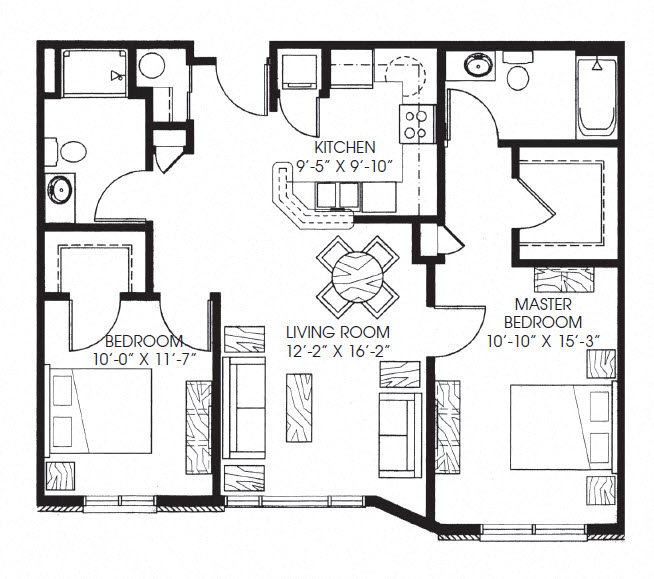 Floor plan for 2 beds, 2 baths, 983 sqft